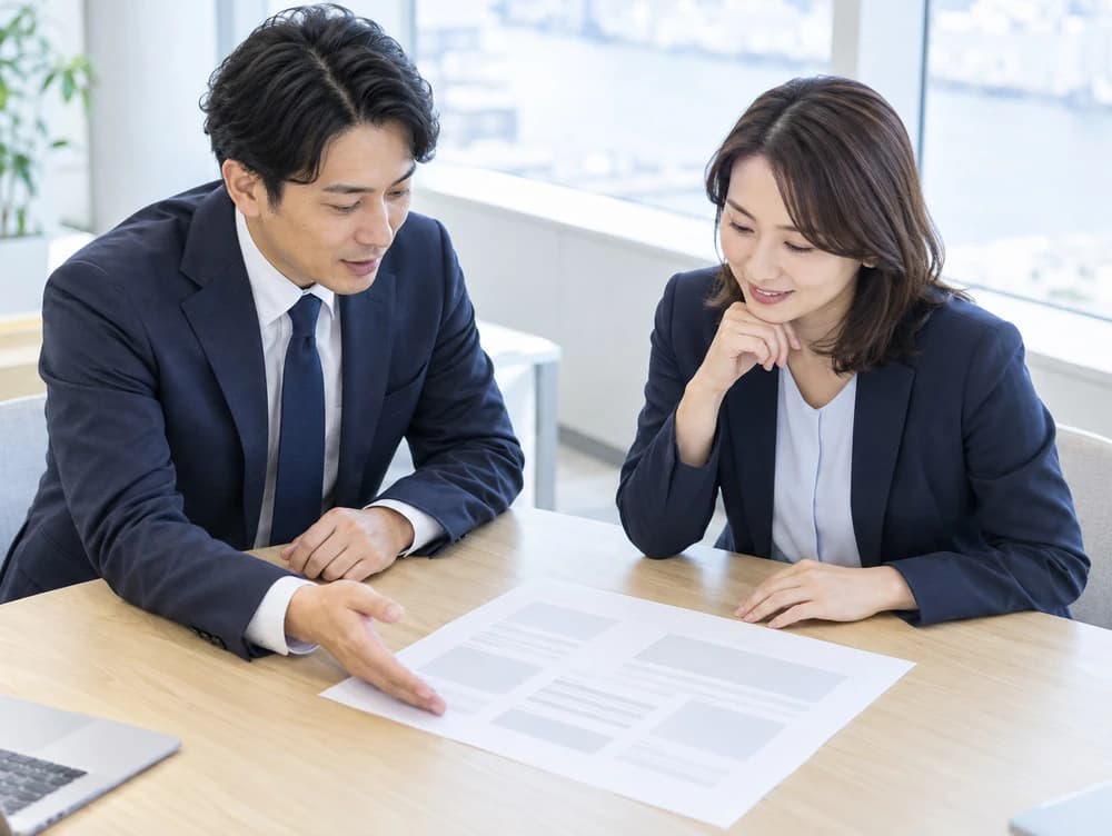 資料を見ながら打ち合わせをする担当者