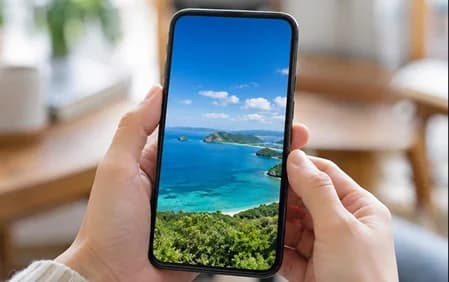 海と島の写真を表示したスマートフォンを持つ手元