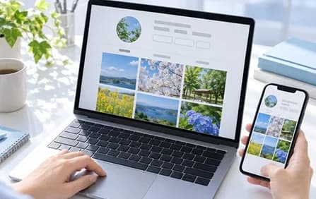 ノートパソコンとスマートフォンでSNSアカウントの投稿一覧を確認する担当者