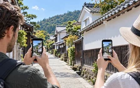 日本の町並みをスマートフォンで撮影する海外からの旅行者