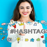 Hashtags text with young woman on a blue background
