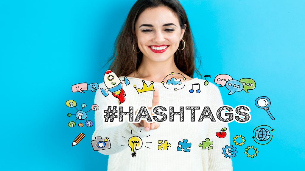 Hashtags text with young woman on a blue background
