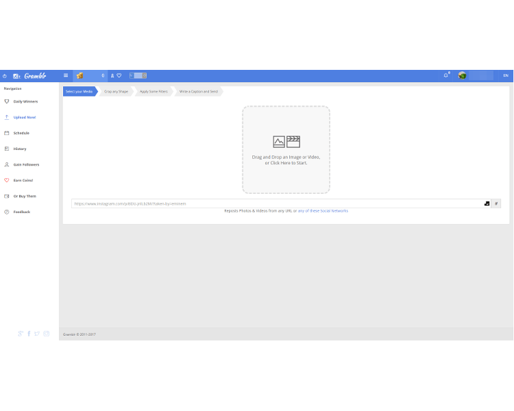 無料投稿ツールGramblrログイン後に表示される画面
